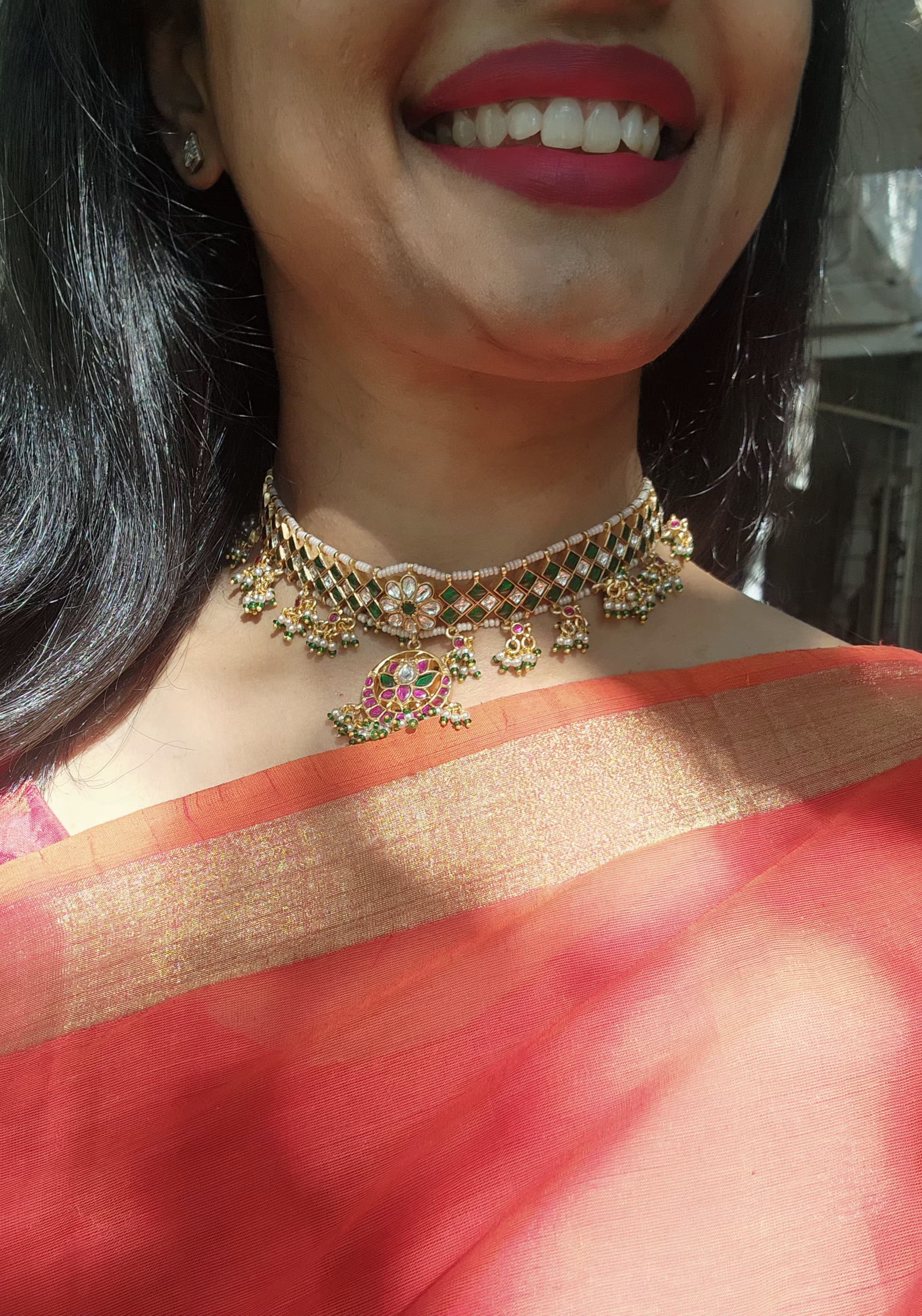 Green Kundan matha patti with pearls & green bead hangings-Silver Neckpiece-PL-House of Taamara