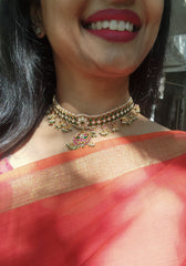 Green Kundan matha patti with pearls & green bead hangings-Silver Neckpiece-PL-House of Taamara