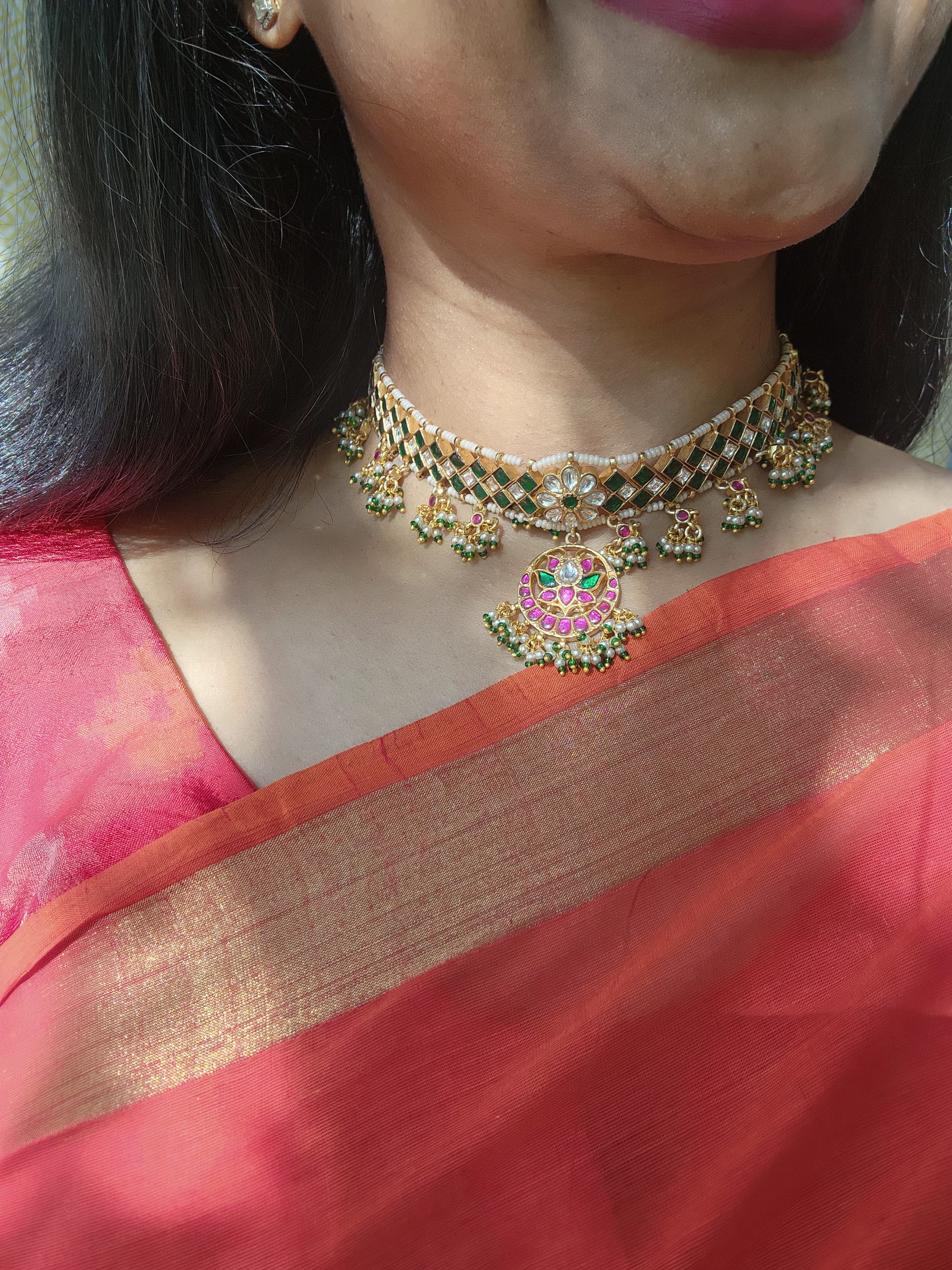 Green Kundan matha patti with pearls & green bead hangings-Silver Neckpiece-PL-House of Taamara