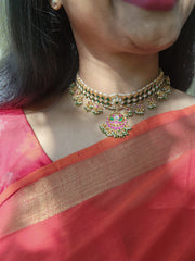 Green Kundan matha patti with pearls & green bead hangings-Silver Neckpiece-PL-House of Taamara