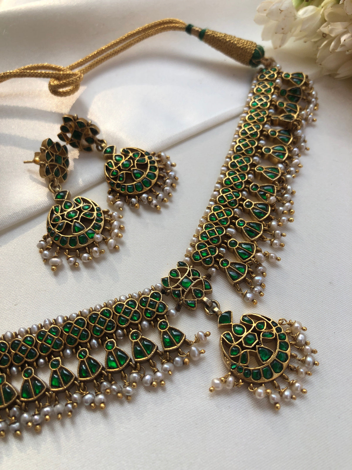 Green Kundan matta patti, SET-Silver Neckpiece-PL-House of Taamara