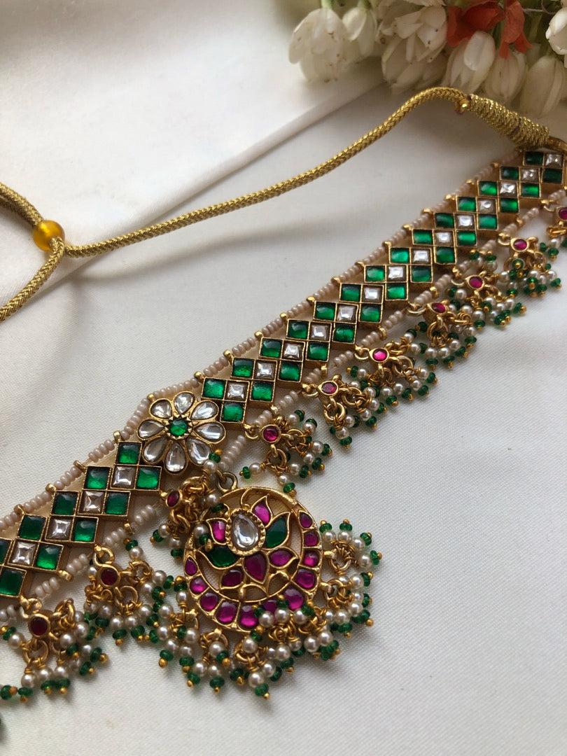 Green Kundan matta patti with pearls & green bead hangings-Silver Neckpiece-PL-House of Taamara