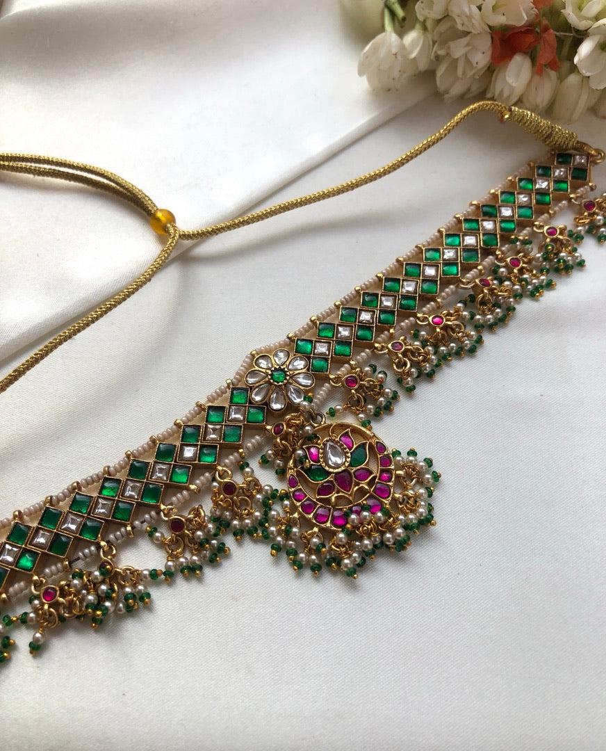 Green Kundan matta patti with pearls & green bead hangings-Silver Neckpiece-PL-House of Taamara