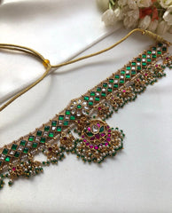 Green Kundan matta patti with pearls & green bead hangings-Silver Neckpiece-PL-House of Taamara