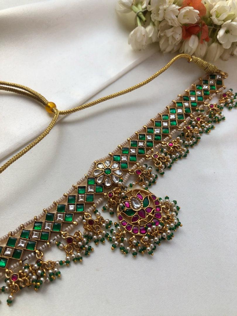 Green Kundan matta patti with pearls & green bead hangings-Silver Neckpiece-PL-House of Taamara