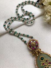 Green agate pendant with green and pearls mala-Silver Neckpiece-PL-House of Taamara