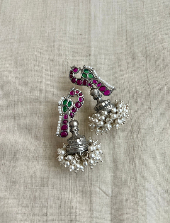 Green and pink kemp jhumkas with pearls bunch-Earrings-CI-House of Taamara
