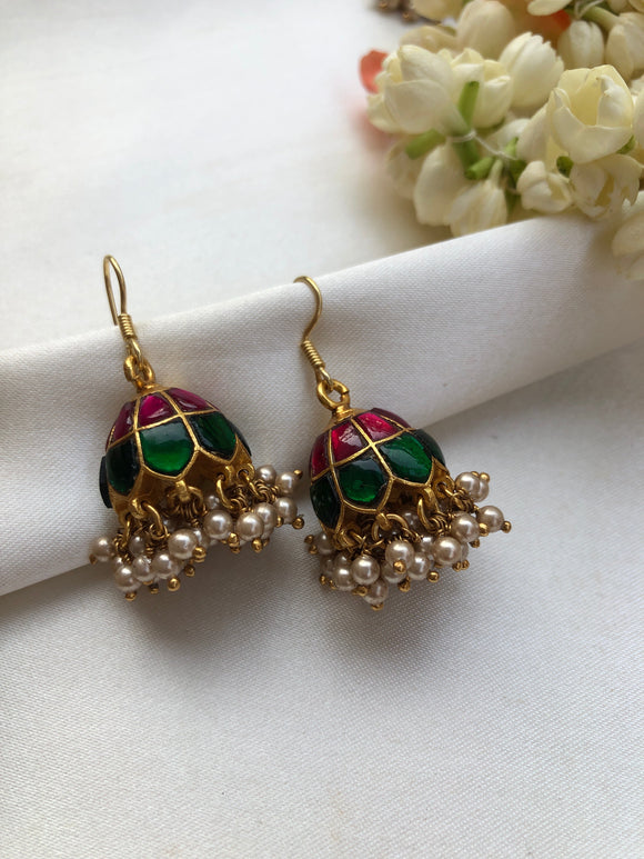 Green and ruby jhumkas with smaller pearls bunch-Earrings-PL-House of Taamara
