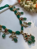 Green beads with kundan motifs necklace-Silver Neckpiece-PL-House of Taamara