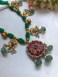 Green beads with kundan motifs necklace-Silver Neckpiece-PL-House of Taamara