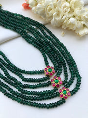 Green beads with ruby & green flowers-Silver Neckpiece-PL-House of Taamara
