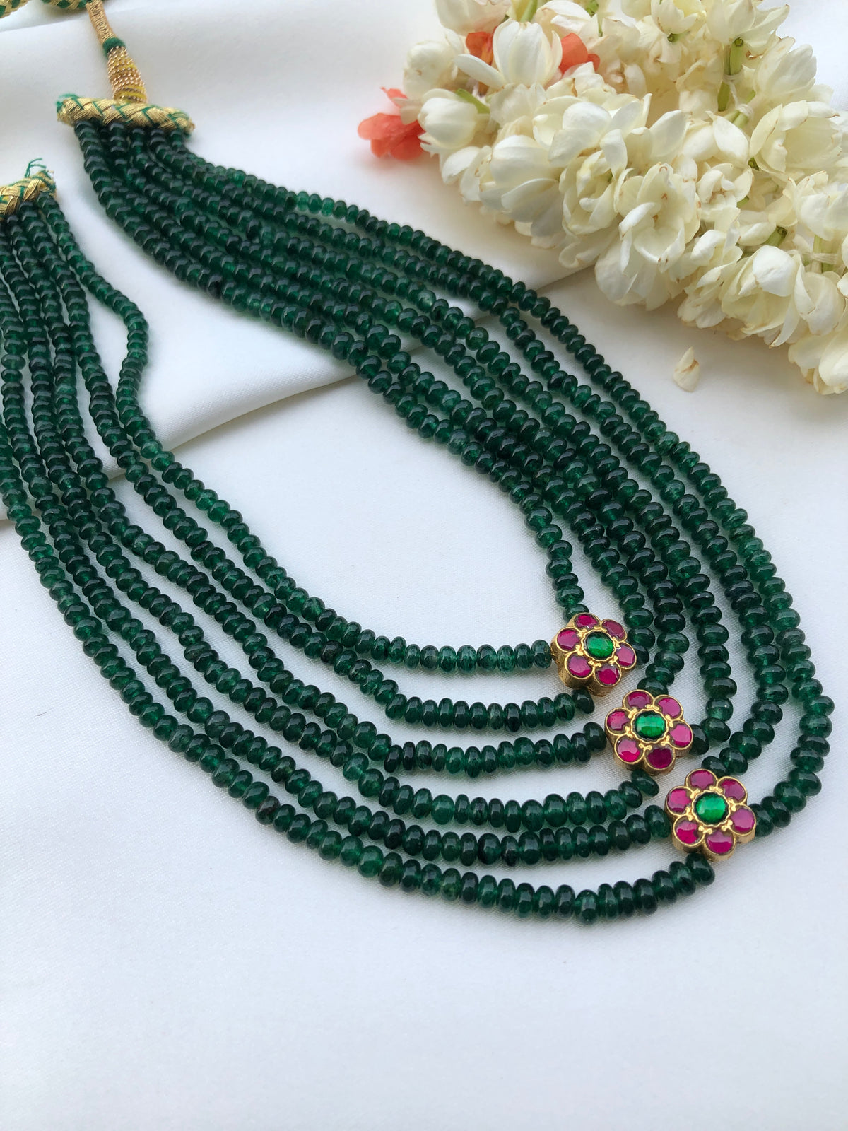 Green beads with ruby & green flowers-Silver Neckpiece-PL-House of Taamara