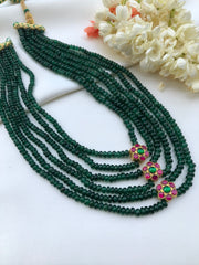 Green beads with ruby & green flowers-Silver Neckpiece-PL-House of Taamara