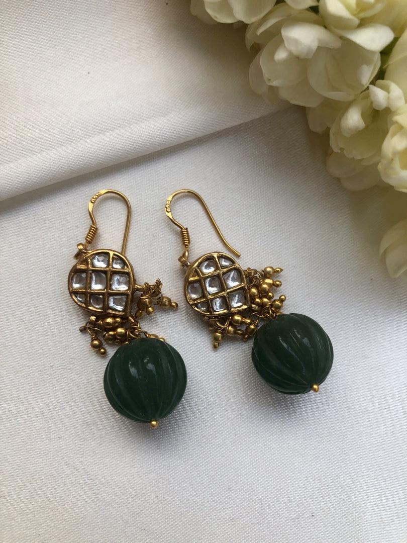 Green carved bead kundan hook earrings-Earrings-PL-House of Taamara