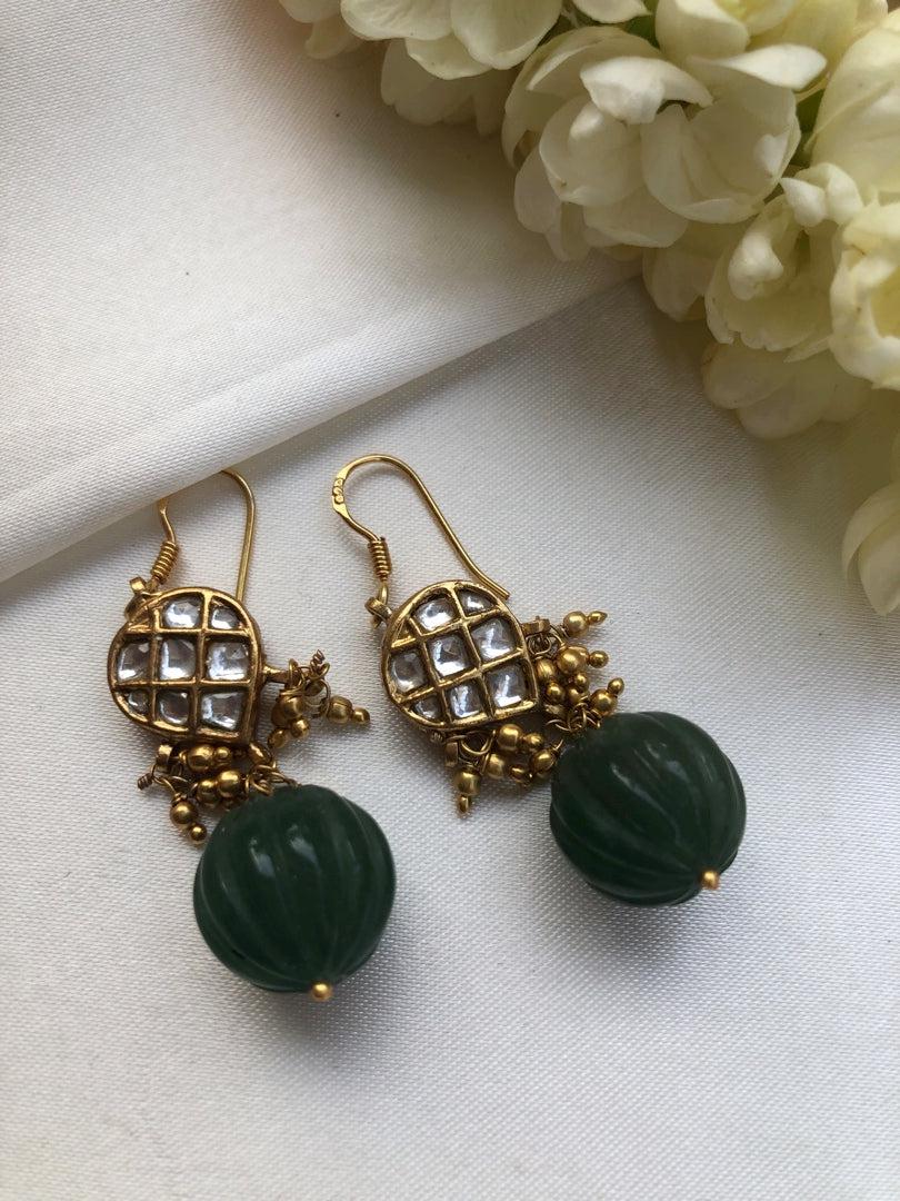 Green carved bead kundan hook earrings-Earrings-PL-House of Taamara