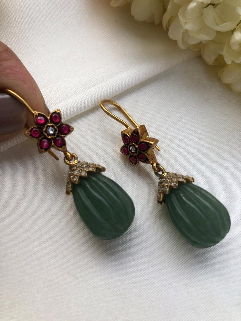 Green carved pear drop with ruby flower with hook earrings-Earrings-PL-House of Taamara