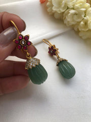 Green carved pear drop with ruby flower with hook earrings-Earrings-PL-House of Taamara