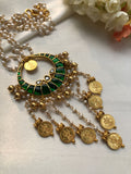 Green chand necklace with kasu coins & rice pearls mala-Silver Neckpiece-PL-House of Taamara