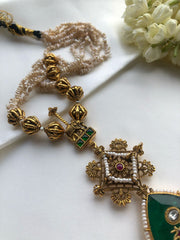 Green emerald takti with inlay kundan and antique style beads-Silver Neckpiece-PL-House of Taamara