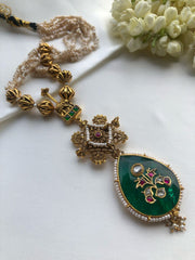Green emerald takti with inlay kundan and antique style beads-Silver Neckpiece-PL-House of Taamara