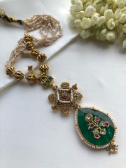 Green emerald takti with inlay kundan and antique style beads-Silver Neckpiece-PL-House of Taamara