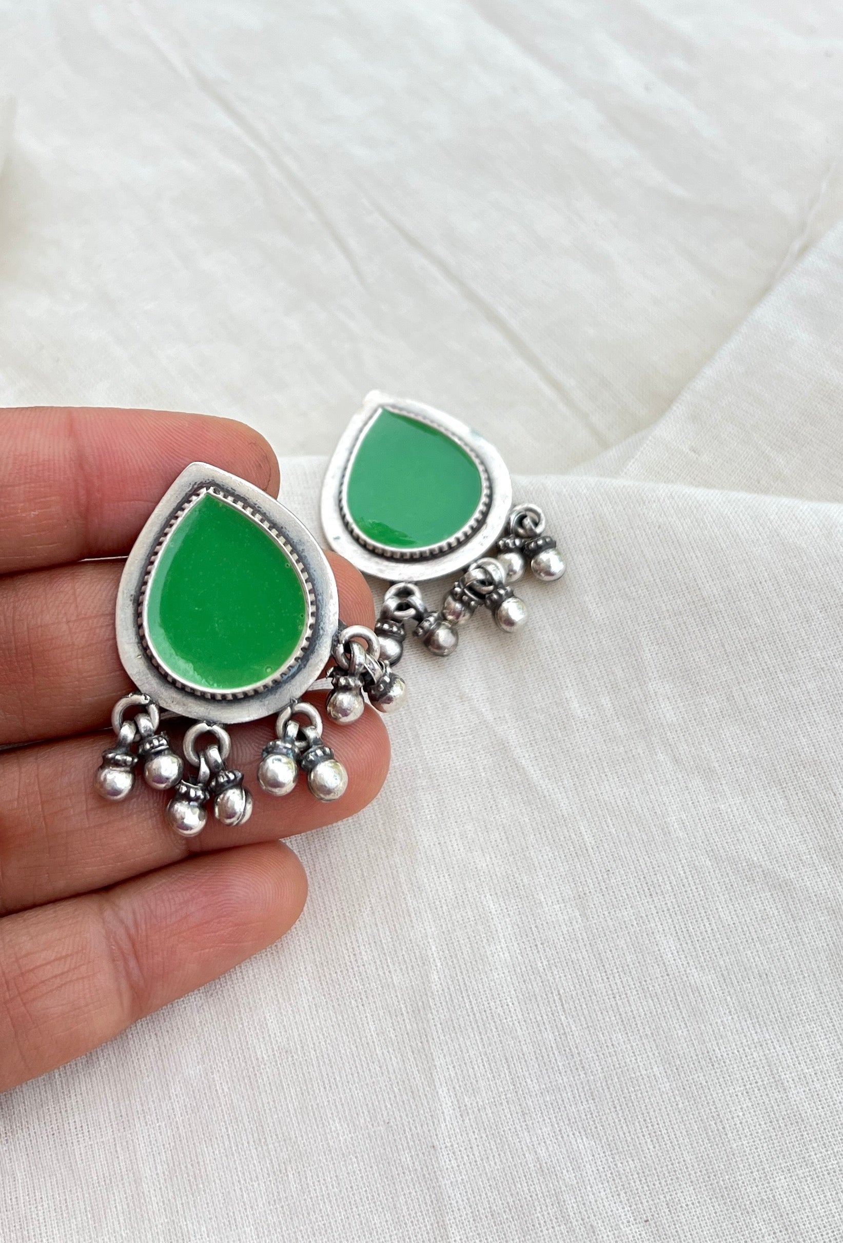 Green enamel drop with ghugri-Silver earrings-EZ-House of Taamara