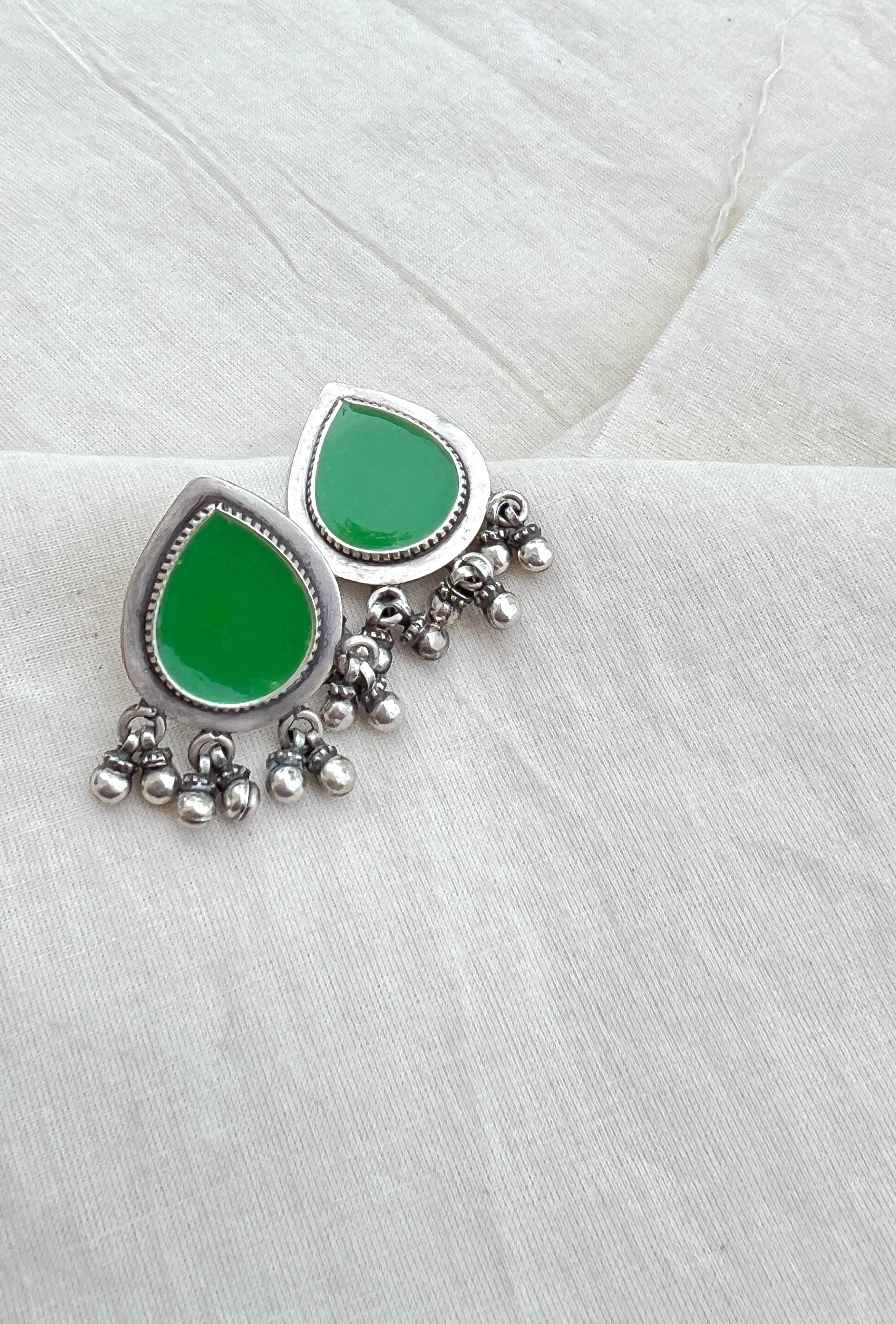 Green enamel drop with ghugri-Silver earrings-EZ-House of Taamara