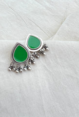 Green enamel drop with ghugri-Silver earrings-EZ-House of Taamara