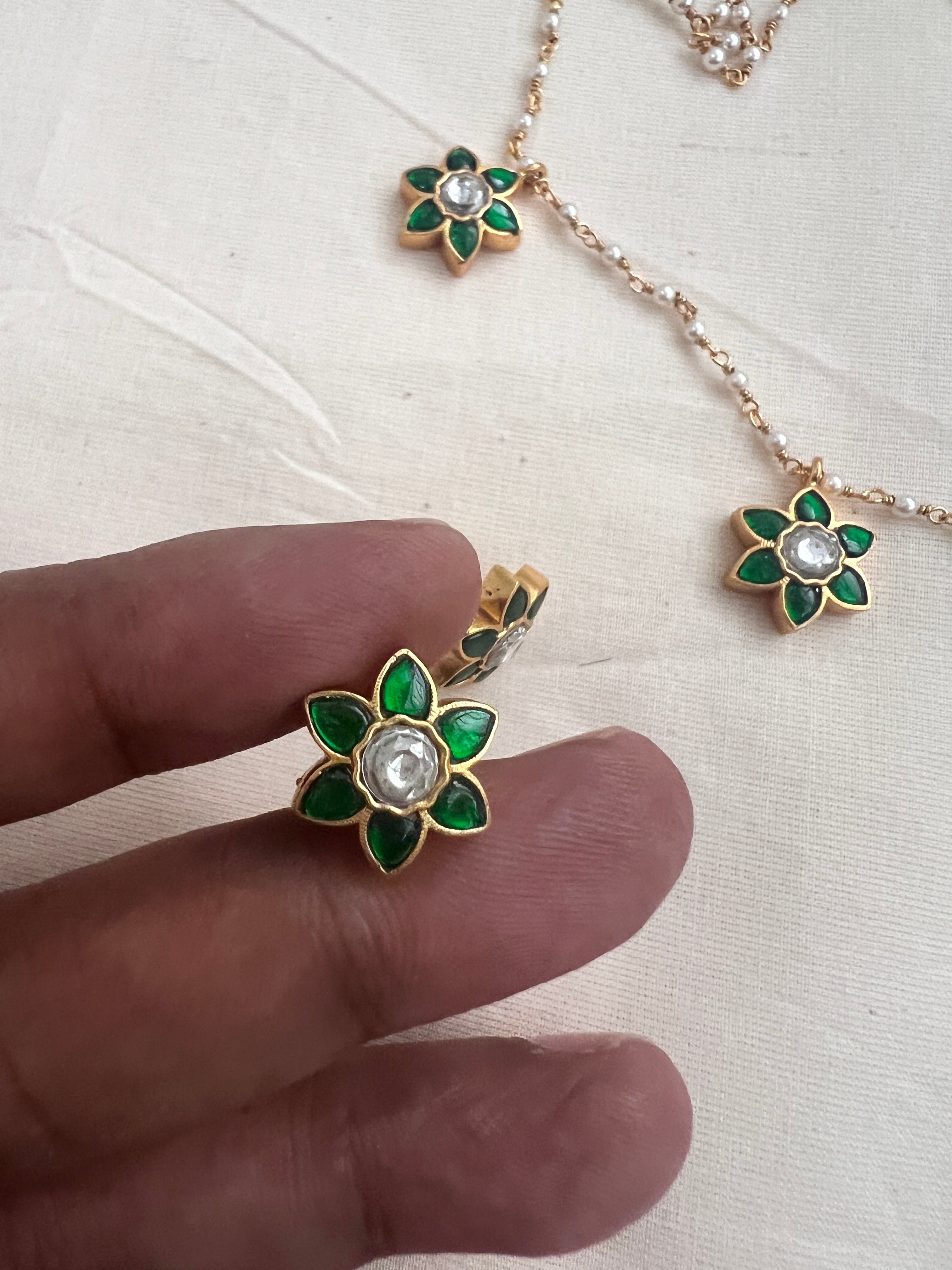 Green flower kundan with pearls chain & earrings, SET-Silver Neckpiece-PL-House of Taamara