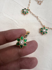 Green flower kundan with pearls chain & earrings, SET-Silver Neckpiece-PL-House of Taamara