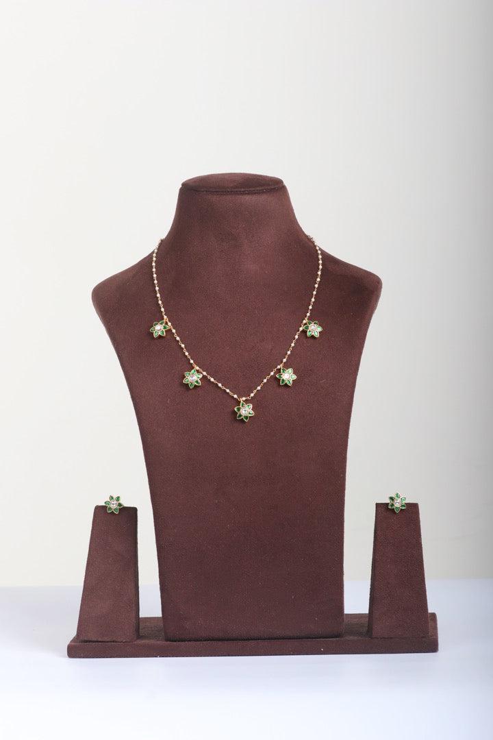 Green flower kundan with pearls chain & earrings, SET-Silver Neckpiece-PL-House of Taamara