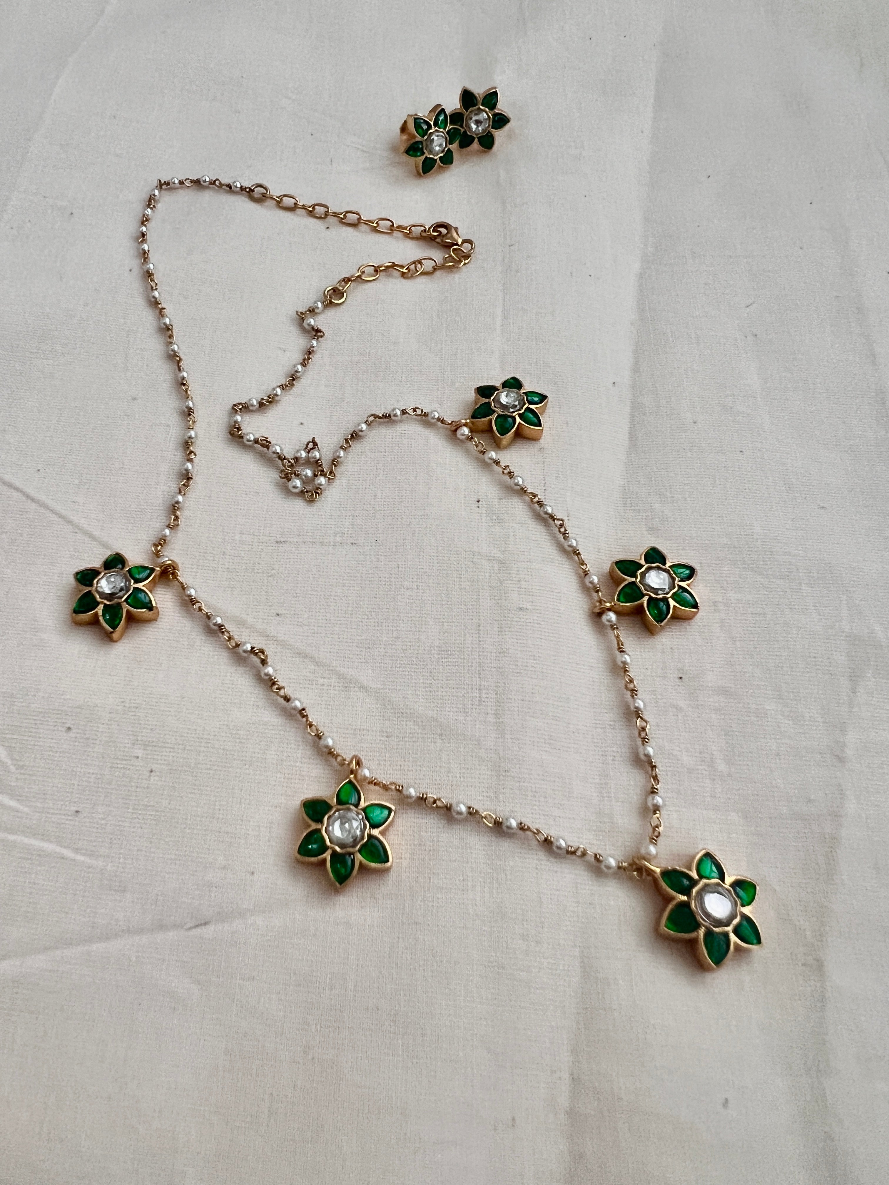 Green flower kundan with pearls chain & earrings, SET-Silver Neckpiece-PL-House of Taamara