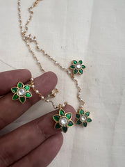 Green flower kundan with pearls chain & earrings, SET-Silver Neckpiece-PL-House of Taamara