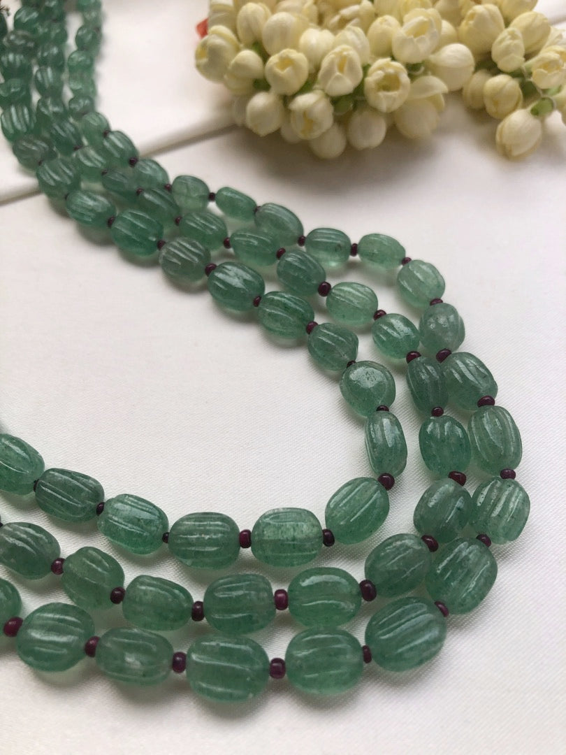 Green jade beads with pink ruby beads necklace-Silver Neckpiece-PL-House of Taamara