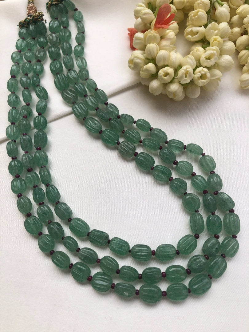 Green jade beads with pink ruby beads necklace-Silver Neckpiece-PL-House of Taamara