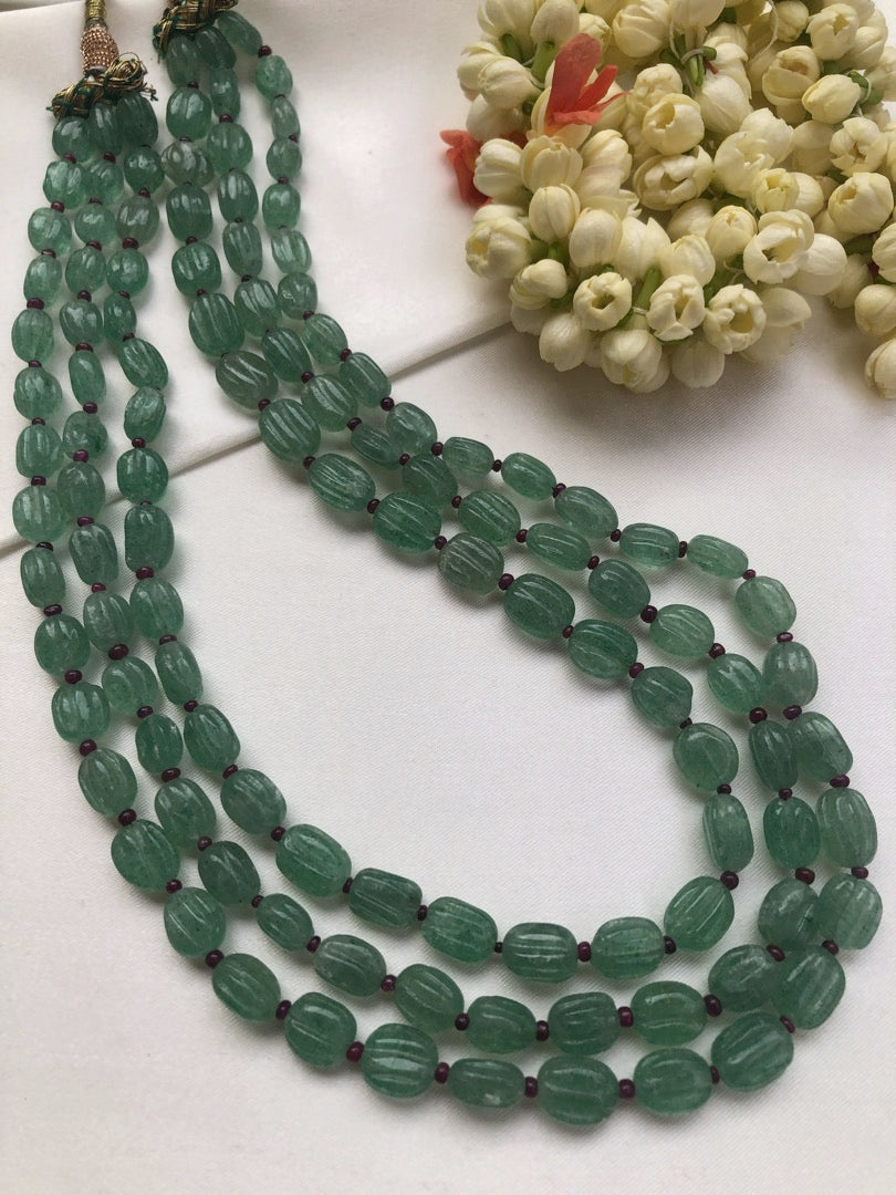 Green jade beads with pink ruby beads necklace-Silver Neckpiece-PL-House of Taamara