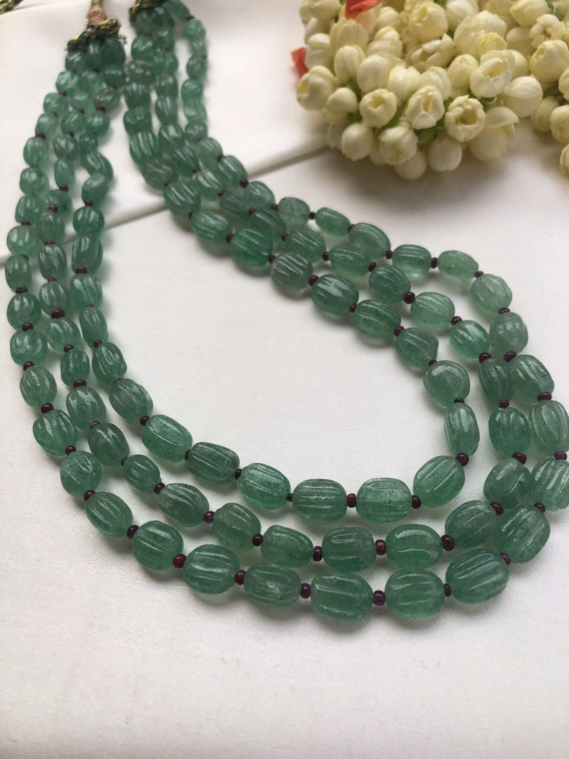 Green jade beads with pink ruby beads necklace-Silver Neckpiece-PL-House of Taamara