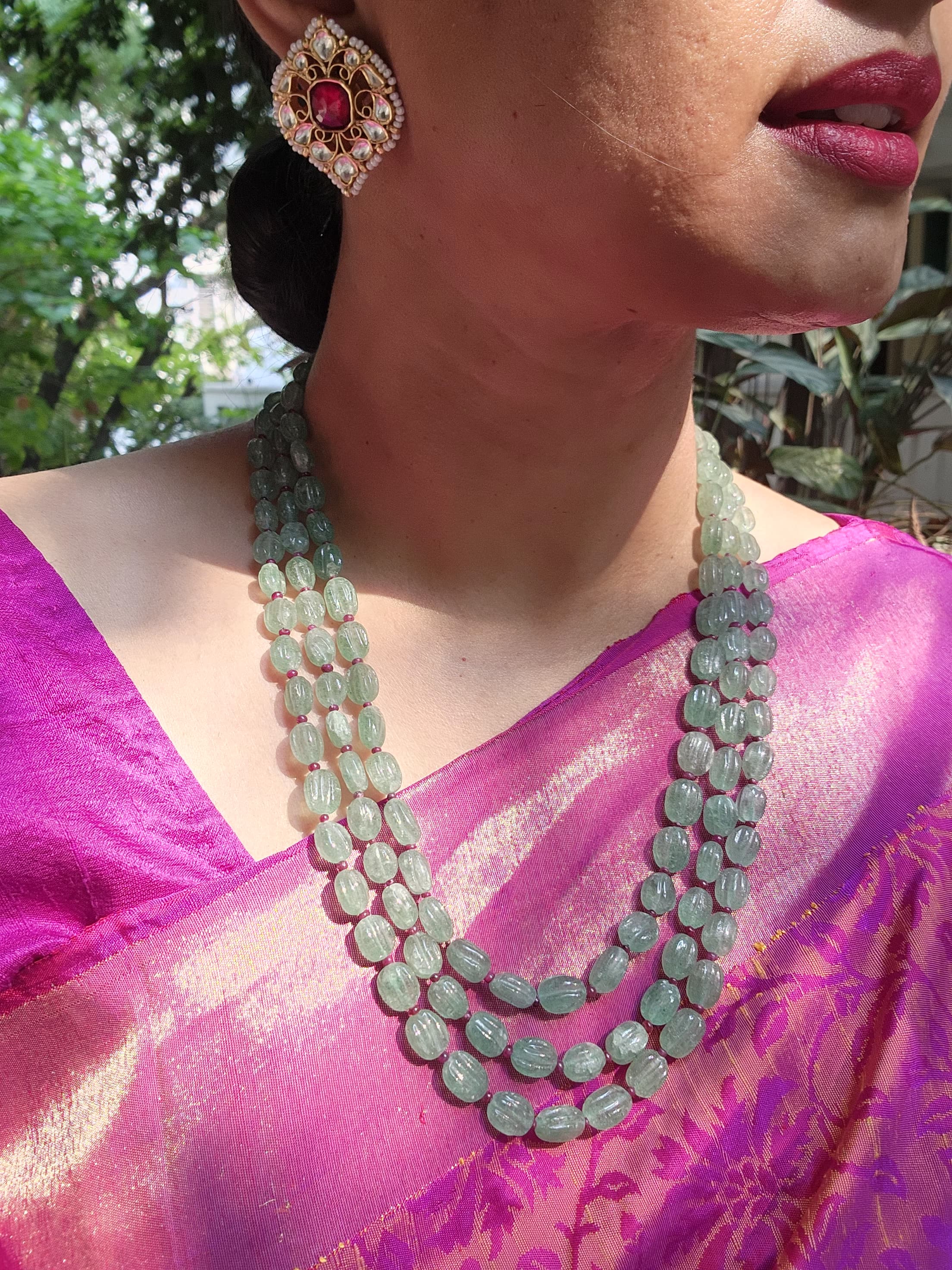 Green jade beads with pink ruby beads necklace-Silver Neckpiece-PL-House of Taamara