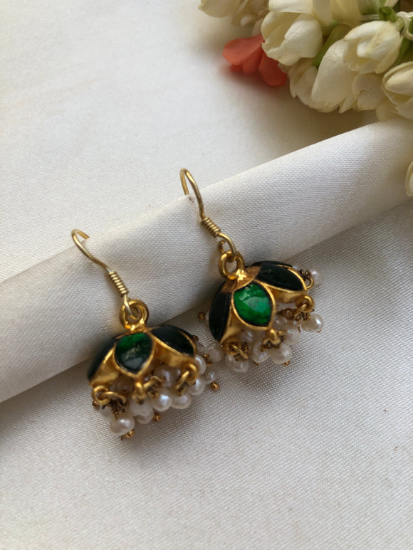 Green jhumkas with big pearls bunch-Earrings-PL-House of Taamara
