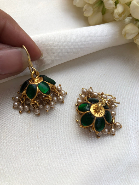 Green jhumkas with smaller pearls bunch-Earrings-PL-House of Taamara