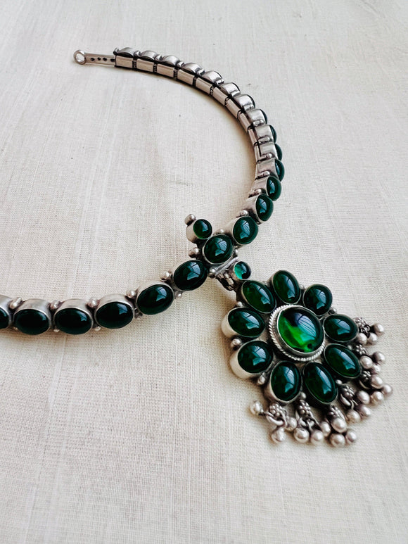 Green kemp adigai necklace set-Silver Neckpiece-CI-House of Taamara