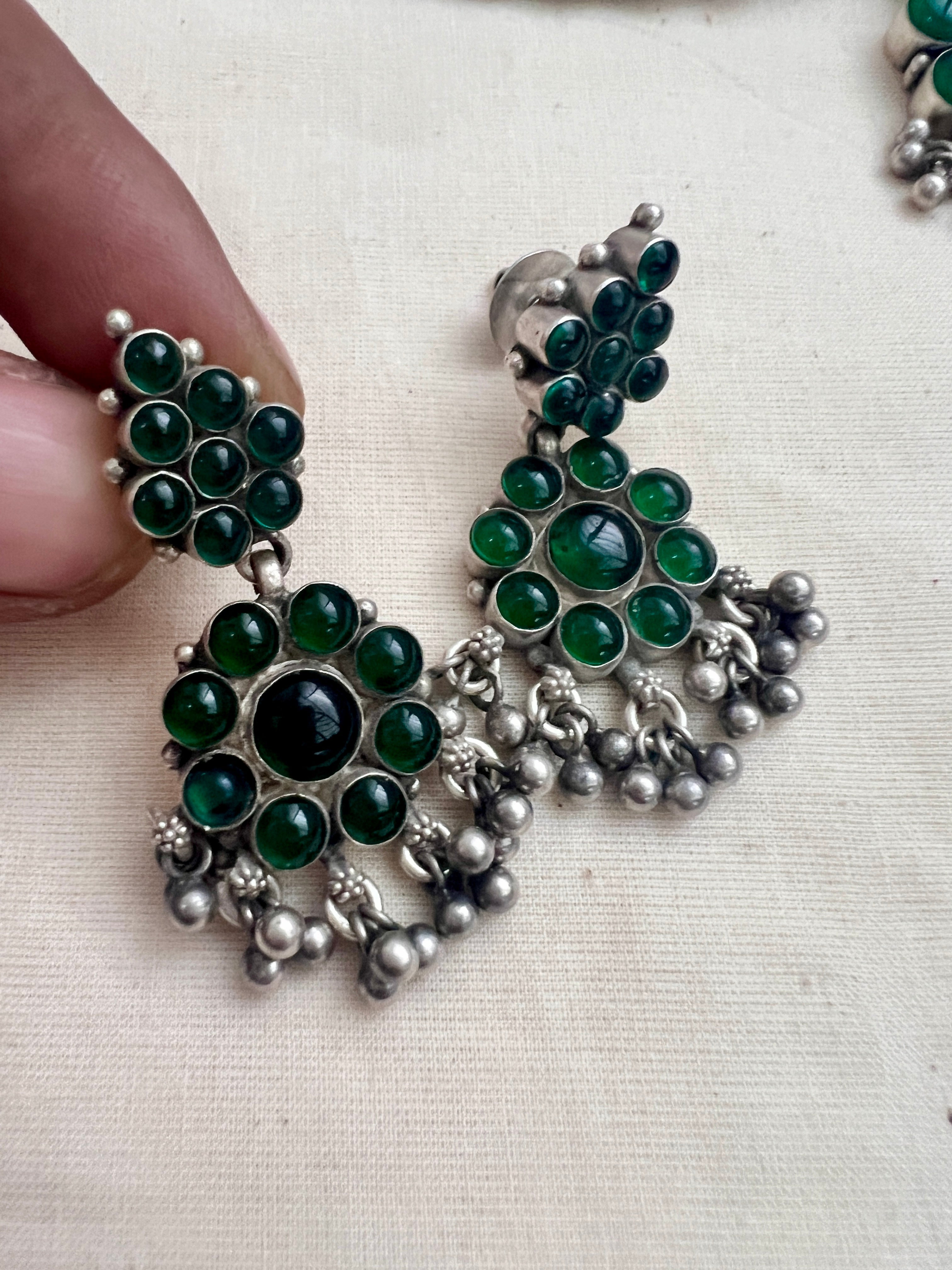 Green kemp adigai necklace with earrings, SET-Silver Neckpiece-CI-House of Taamara