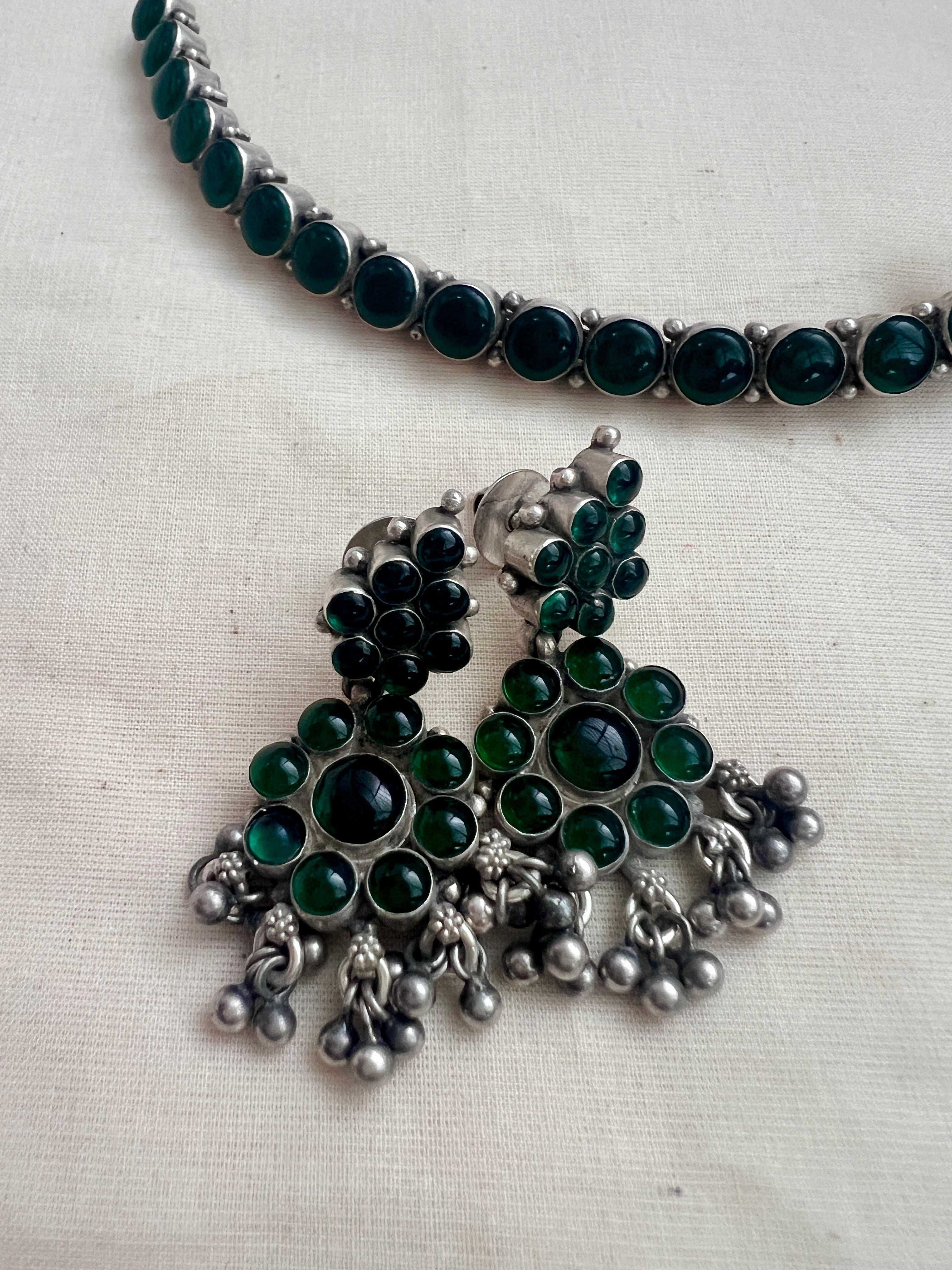 Green kemp adigai necklace with earrings, SET-Silver Neckpiece-CI-House of Taamara