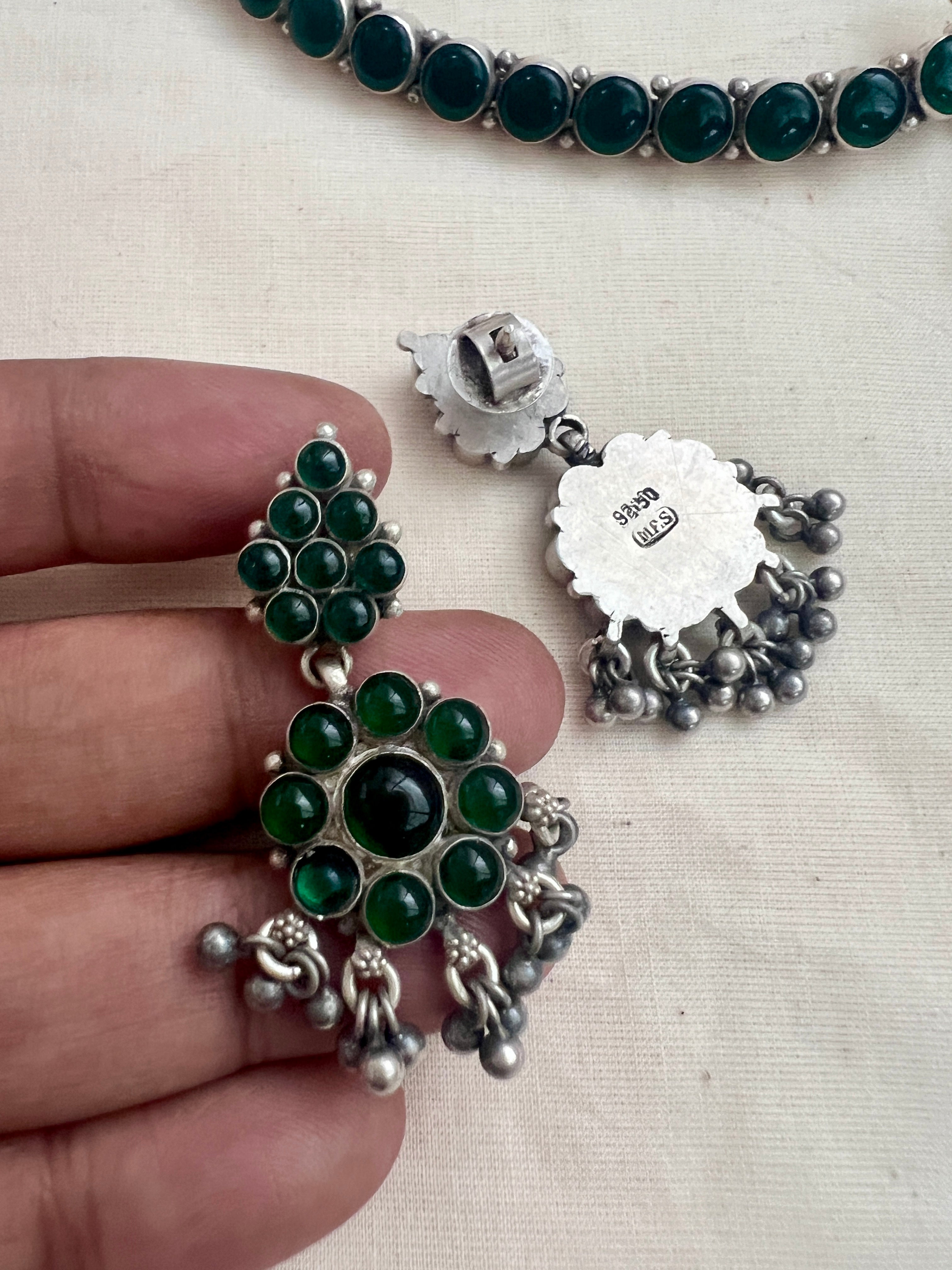 Green kemp adigai necklace with earrings, SET-Silver Neckpiece-CI-House of Taamara