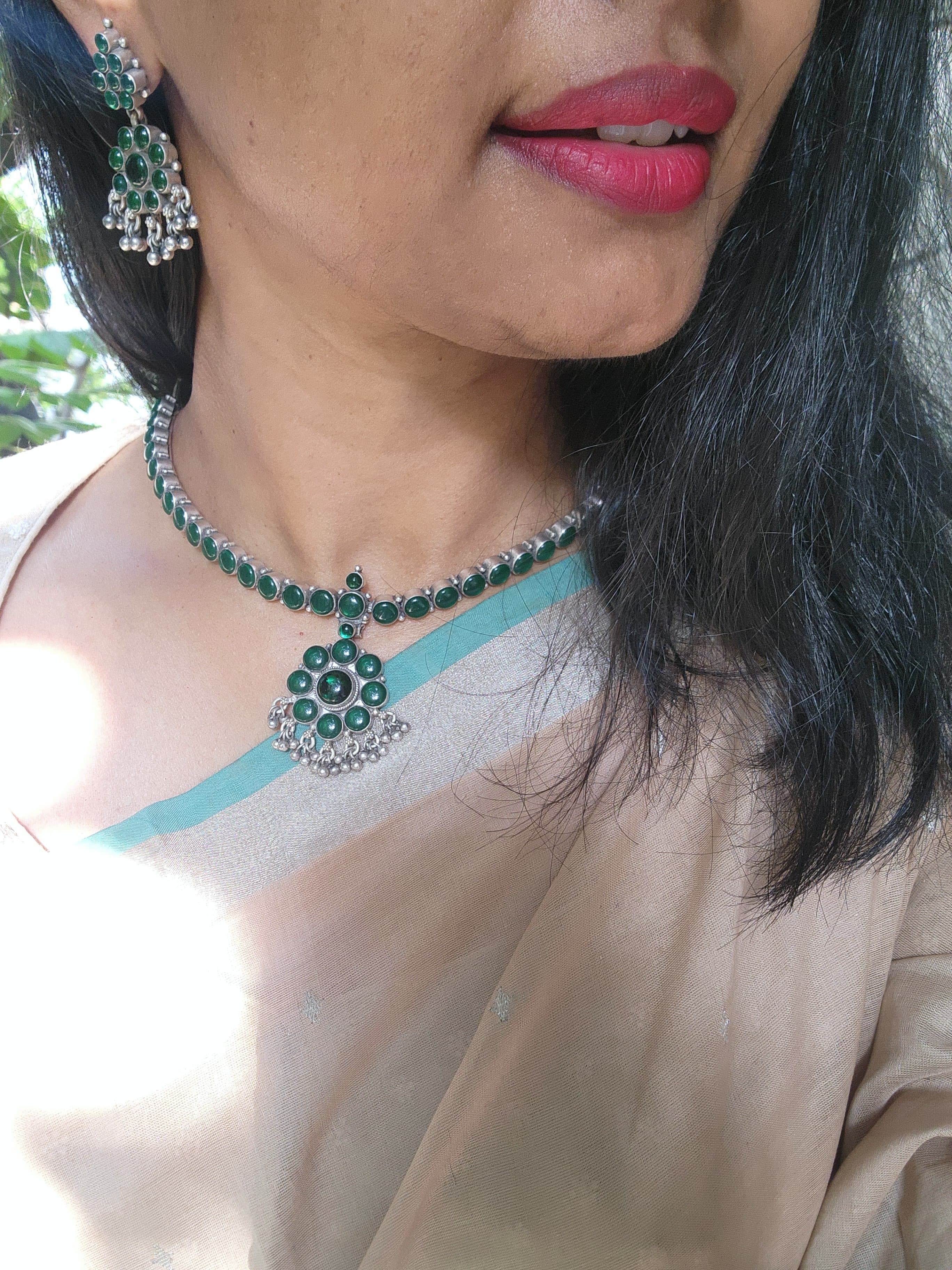 Green kemp adigai necklace with earrings, SET-Silver Neckpiece-CI-House of Taamara