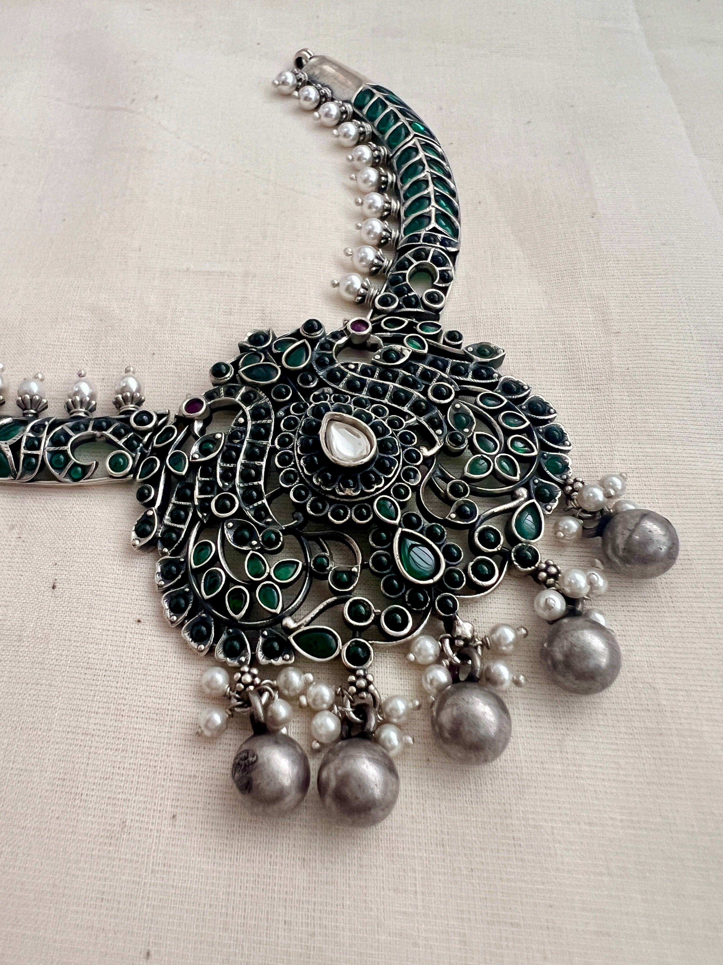 Green kemp peacock motif silver pendant necklace with pearls-Silver Neckpiece-CI-House of Taamara