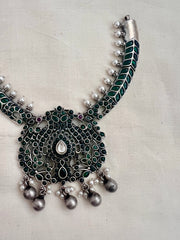 Green kemp peacock motif silver pendant necklace with pearls-Silver Neckpiece-CI-House of Taamara