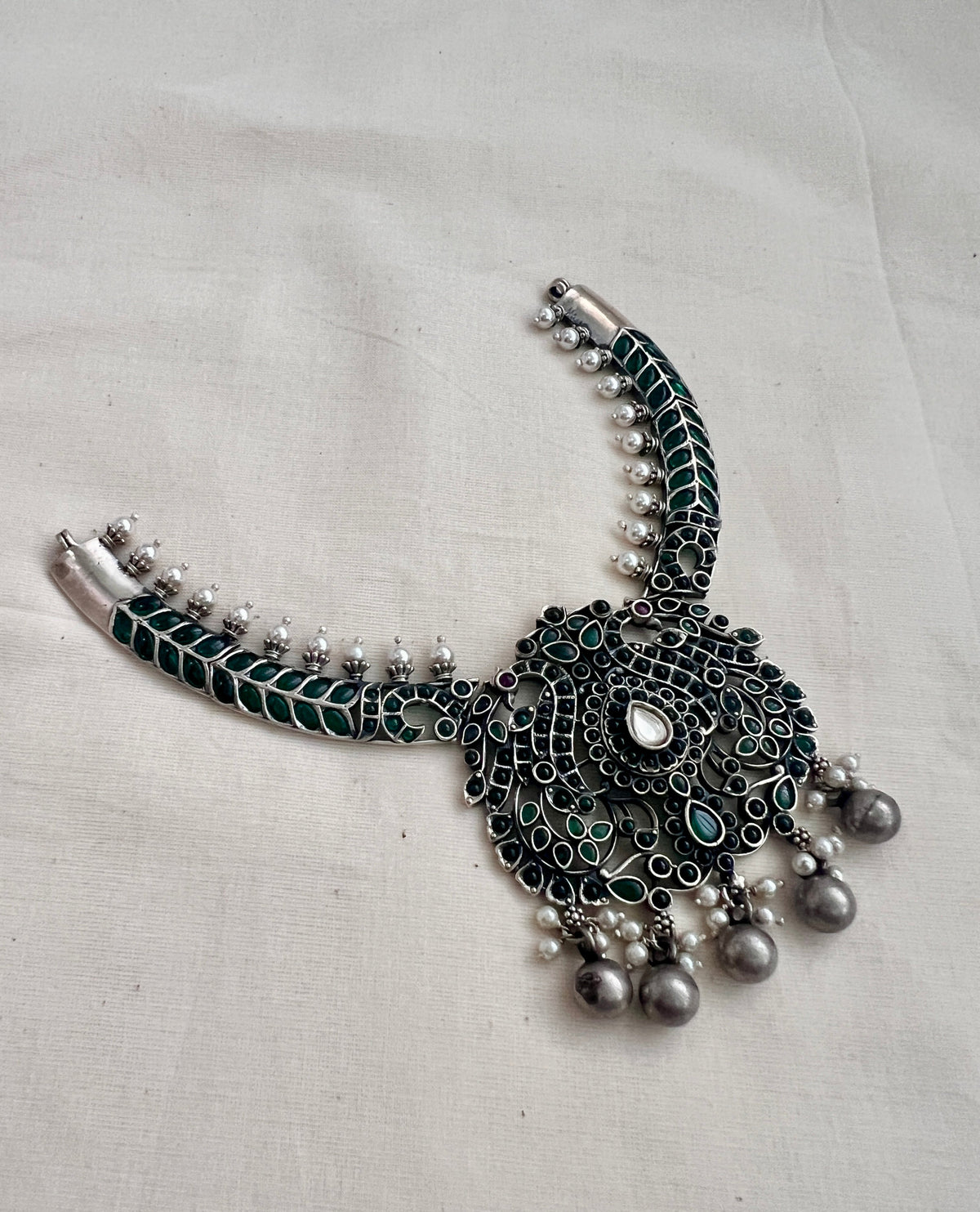 Green kemp peacock motif silver pendant necklace with pearls-Silver Neckpiece-CI-House of Taamara