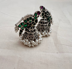 Green kemp peacock silver jhumkas with pearls-Earrings-CI-House of Taamara