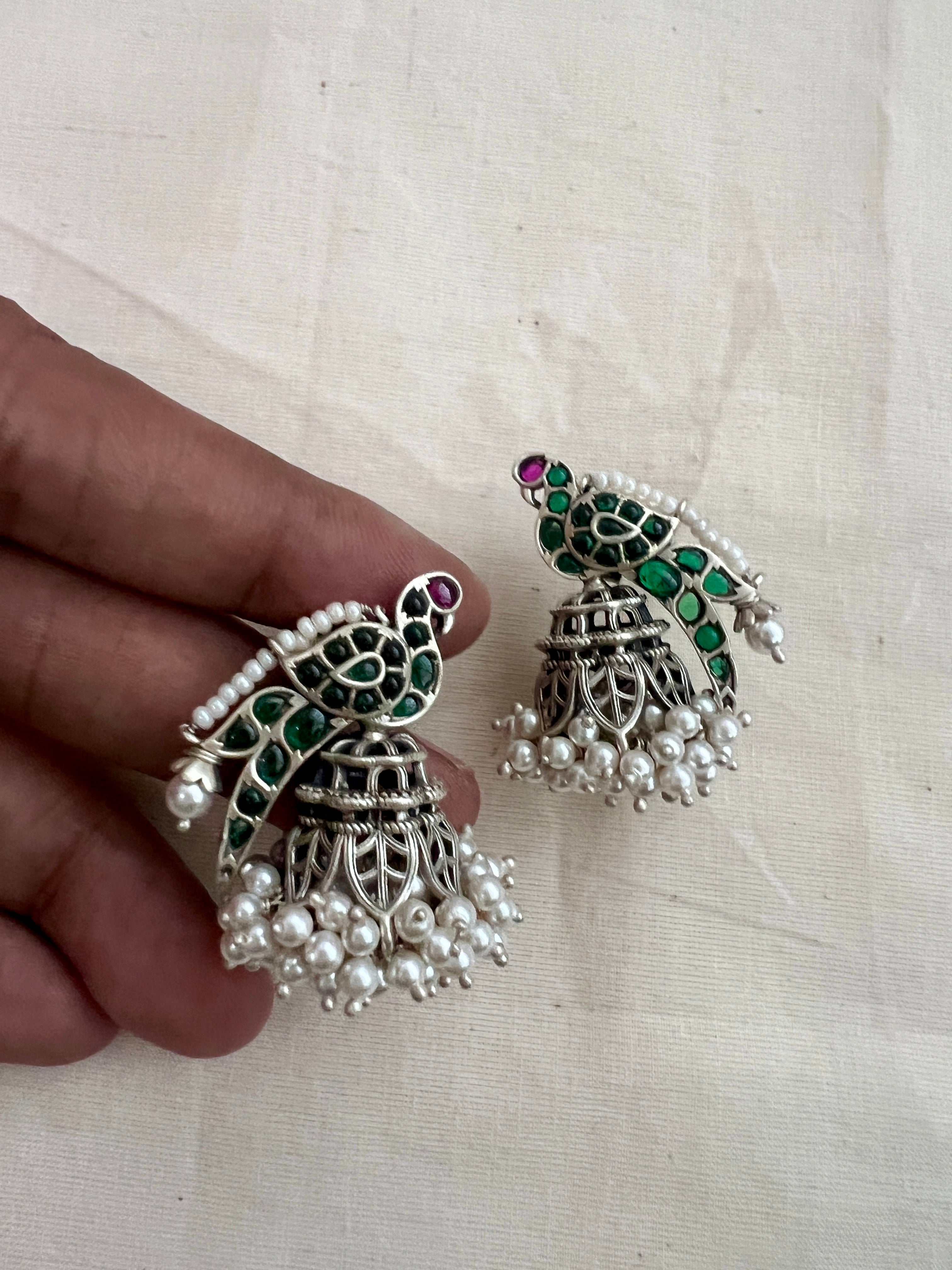 Green kemp peacock silver jhumkas with pearls-Earrings-CI-House of Taamara